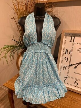 aerie Blue Floral Halter Mini Dress